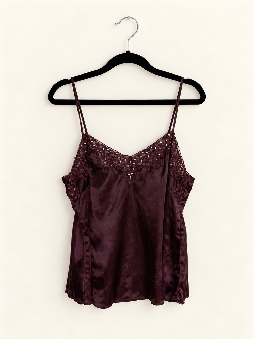Silky Lace Trim Spaghetti Cami Tank - Deep Purple